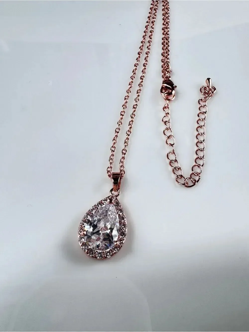Rose Gold Teardrop Cubic Zirconia Pendant Necklace with Clear Cubic Zirconia